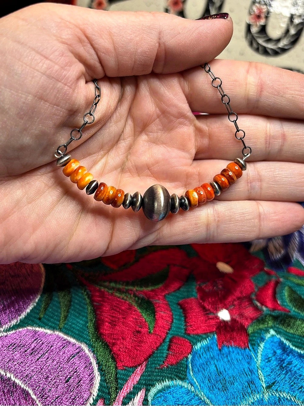 Native American Spiney Oyster and Navajo Bead sterling silver necklace